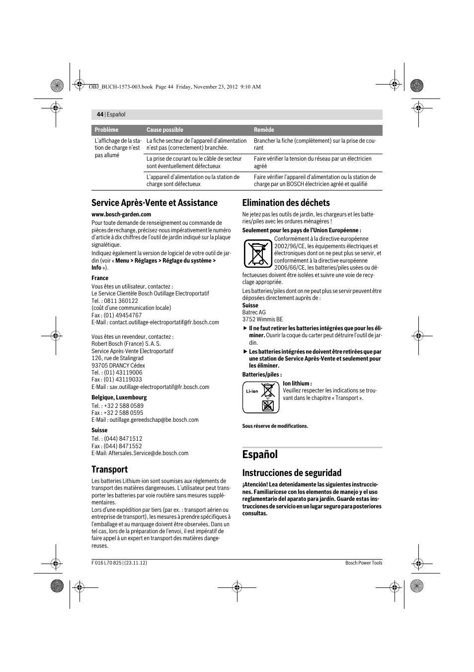 Español, Service après-vente et assistance, Transport | Elimination des déchets, Instrucciones de seguridad | Bosch Indego User Manual | Page 44 / 309