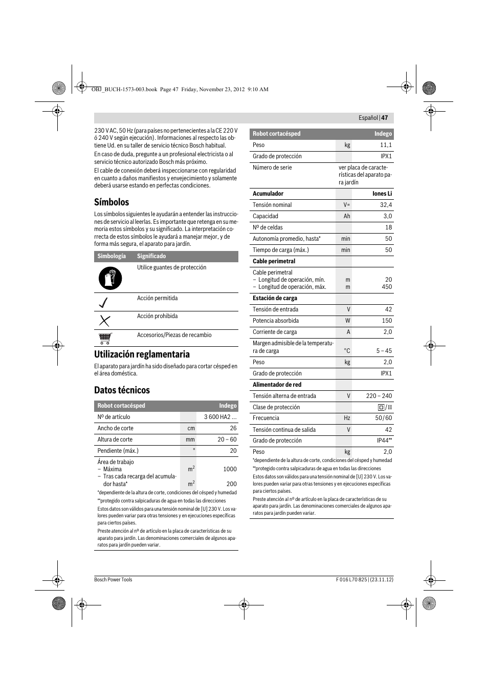 Símbolos, Utilización reglamentaria, Datos técnicos | Bosch Indego User Manual | Page 47 / 309