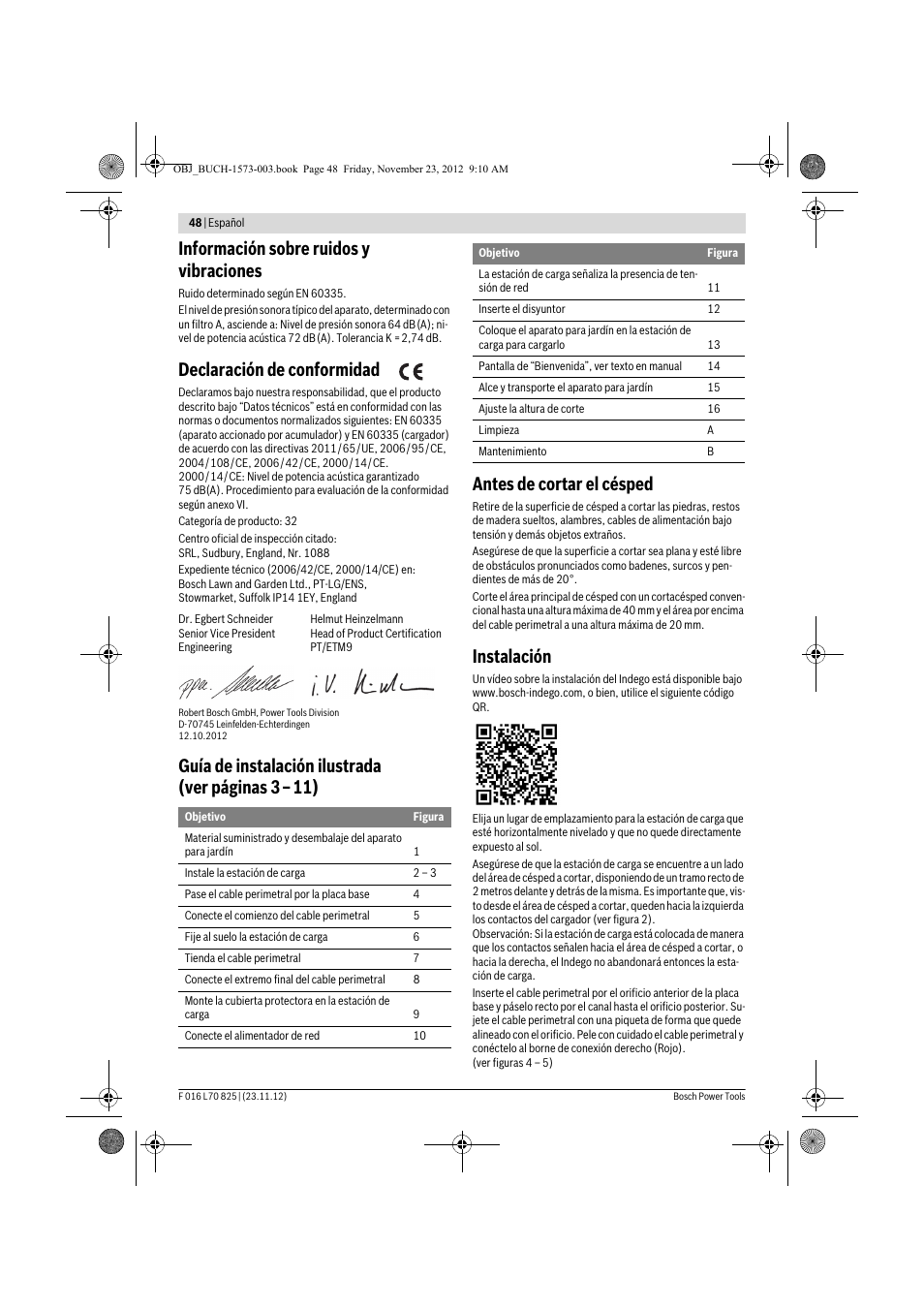 Información sobre ruidos y vibraciones, Declaración de conformidad, Instalación | Bosch Indego User Manual | Page 48 / 309