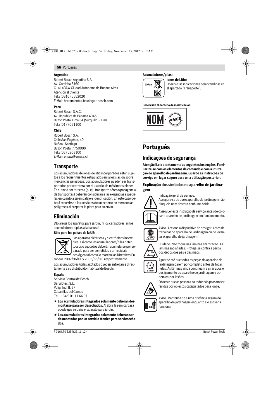 Português, Transporte, Eliminación | Indicações de segurança | Bosch Indego User Manual | Page 56 / 309