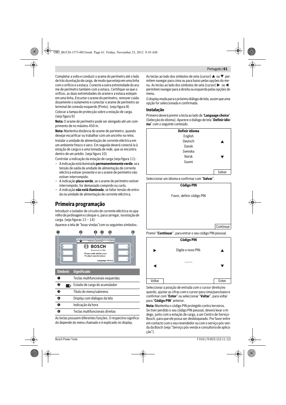 Primeira programação | Bosch Indego User Manual | Page 61 / 309