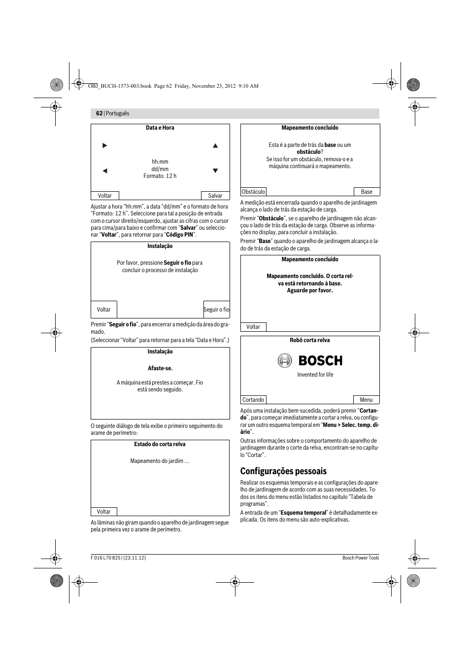 Configurações pessoais | Bosch Indego User Manual | Page 62 / 309