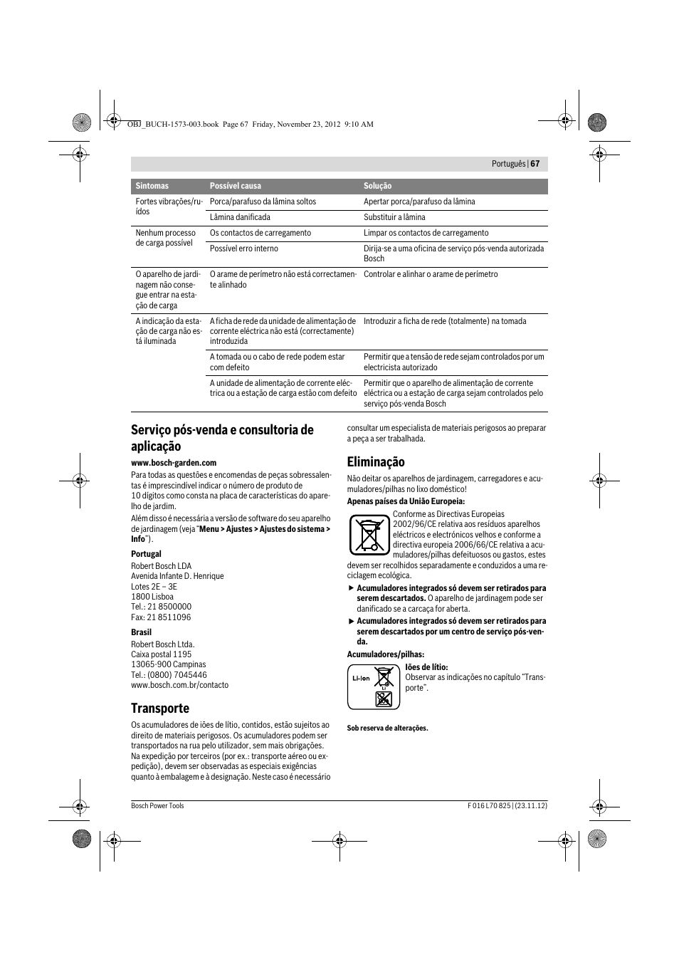 Serviço pós-venda e consultoria de aplicação, Transporte, Eliminação | Bosch Indego User Manual | Page 67 / 309