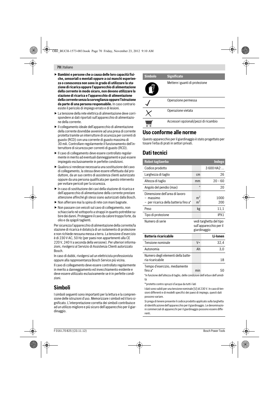 Simboli, Uso conforme alle norme, Dati tecnici | Bosch Indego User Manual | Page 70 / 309