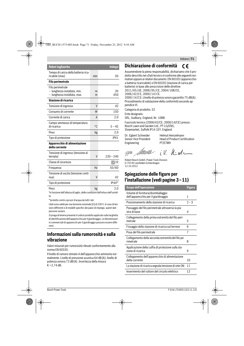 Informazioni sulla rumorosità e sulla vibrazione, Dichiarazione di conformità | Bosch Indego User Manual | Page 71 / 309