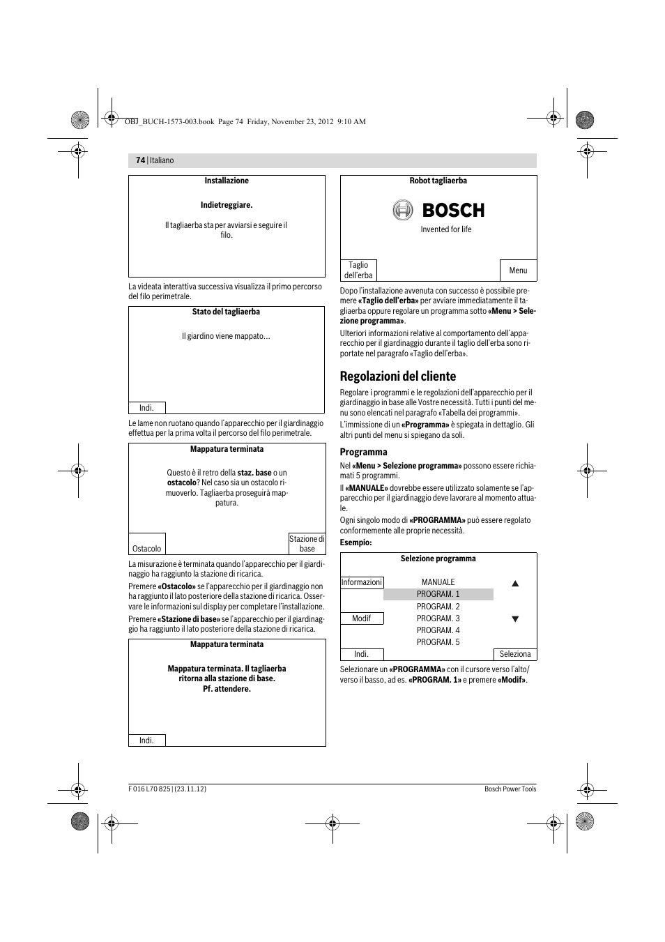 Regolazioni del cliente | Bosch Indego User Manual | Page 74 / 309