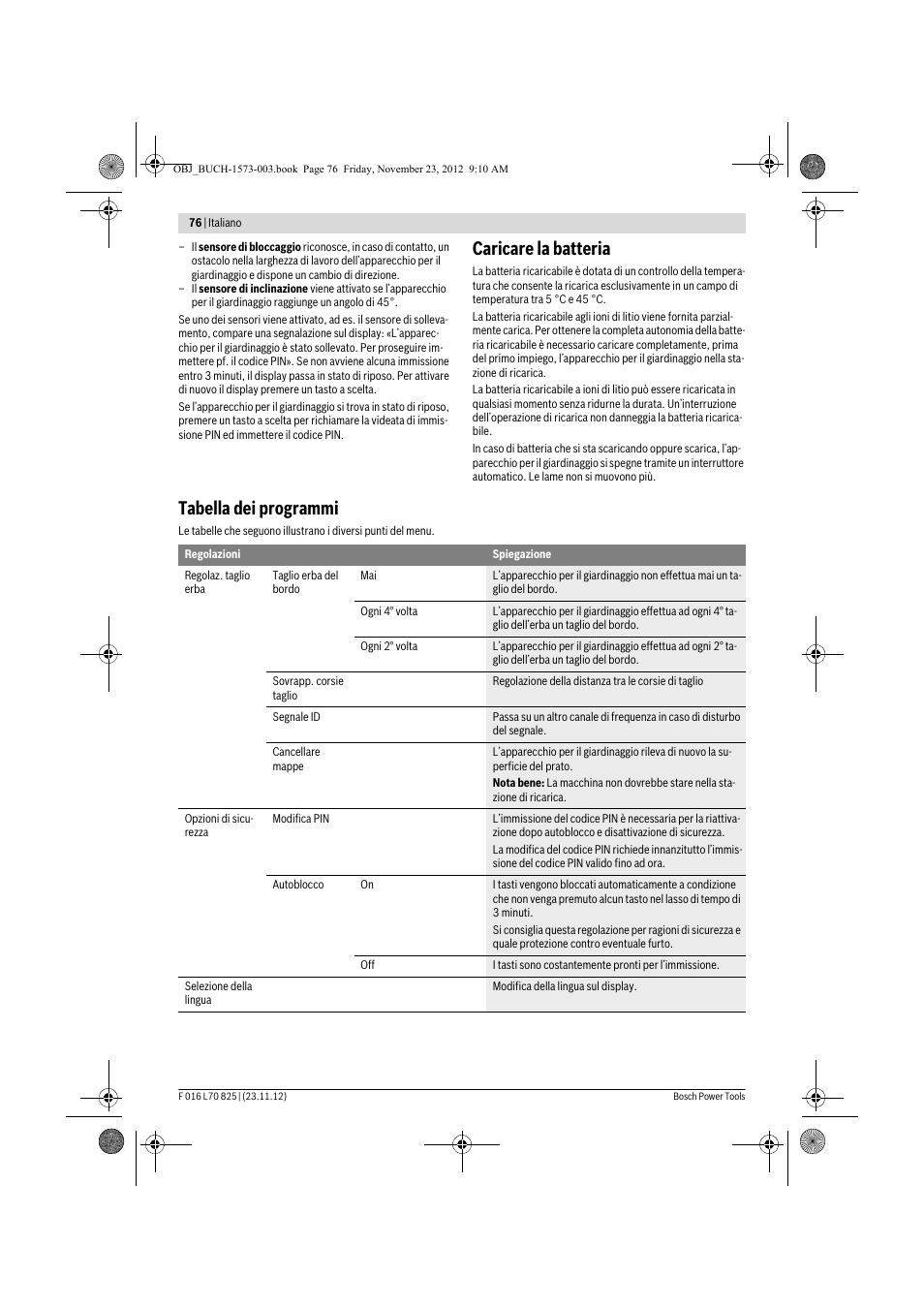 Caricare la batteria, Tabella dei programmi | Bosch Indego User Manual | Page 76 / 309