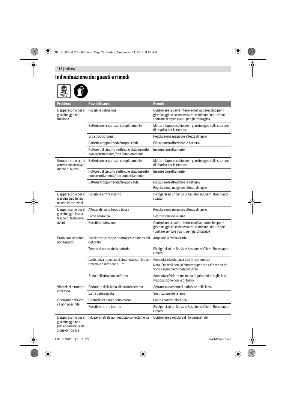 Individuazione dei guasti e rimedi | Bosch Indego User Manual | Page 78 / 309