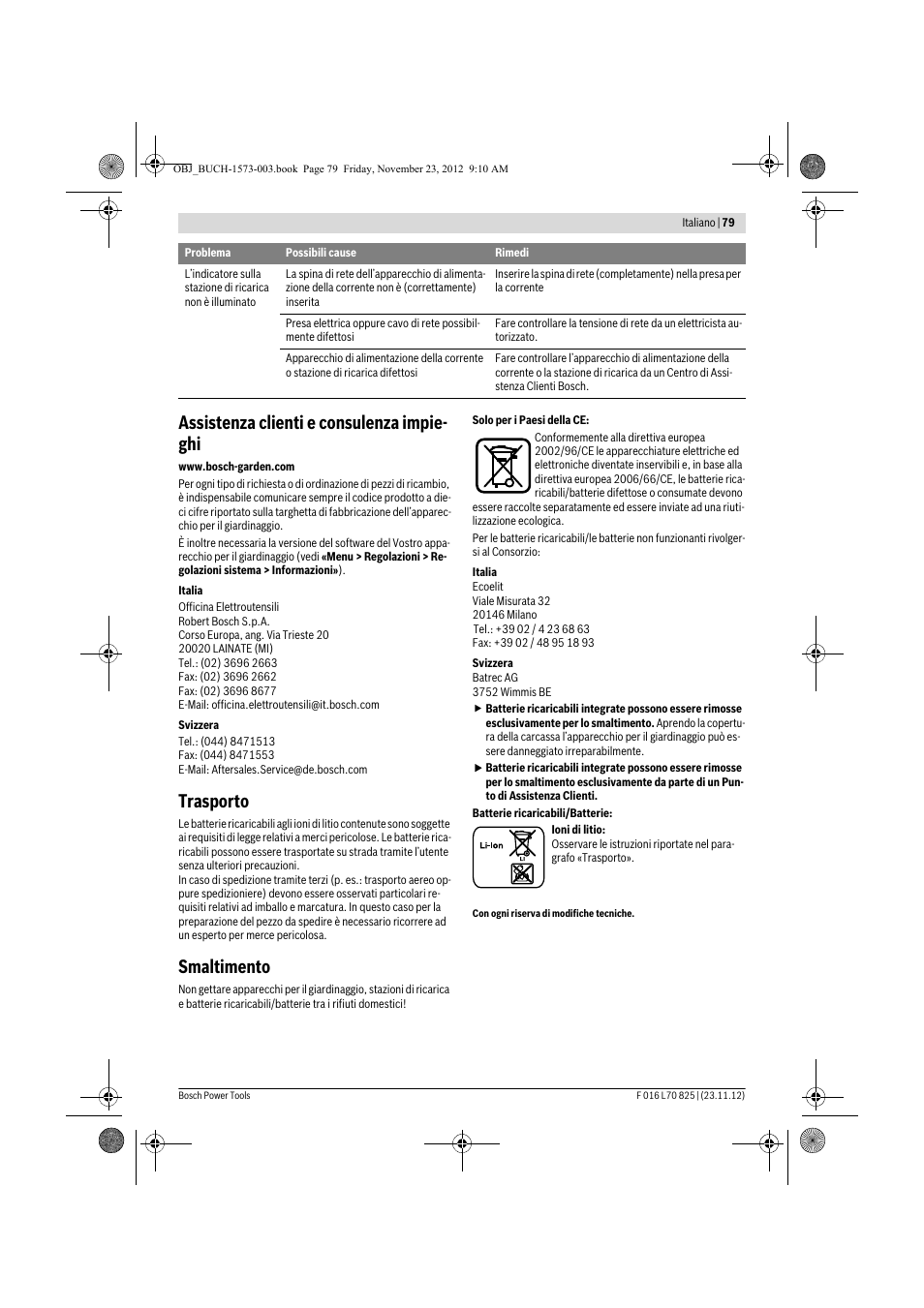 Assistenza clienti e consulenza impie- ghi, Trasporto, Smaltimento | Bosch Indego User Manual | Page 79 / 309