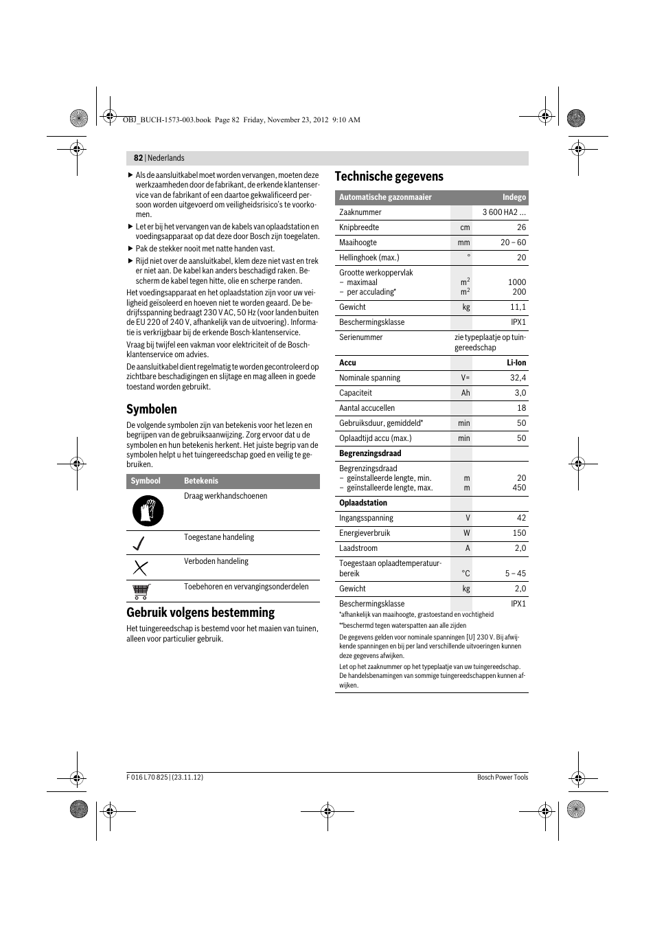 Symbolen, Gebruik volgens bestemming, Technische gegevens | Bosch Indego User Manual | Page 82 / 309