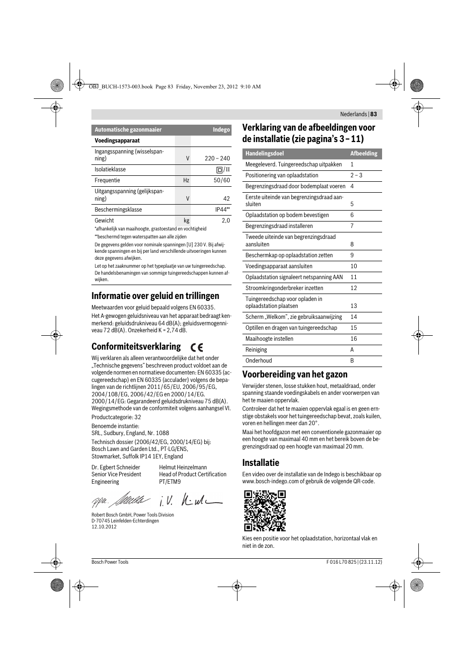 Informatie over geluid en trillingen, Conformiteitsverklaring, Installatie | Bosch Indego User Manual | Page 83 / 309