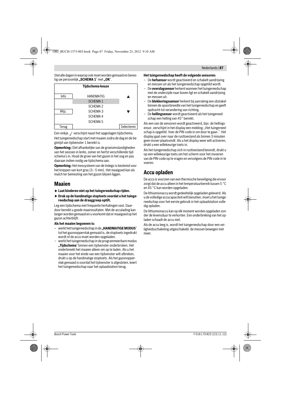 Maaien, Accu opladen | Bosch Indego User Manual | Page 87 / 309