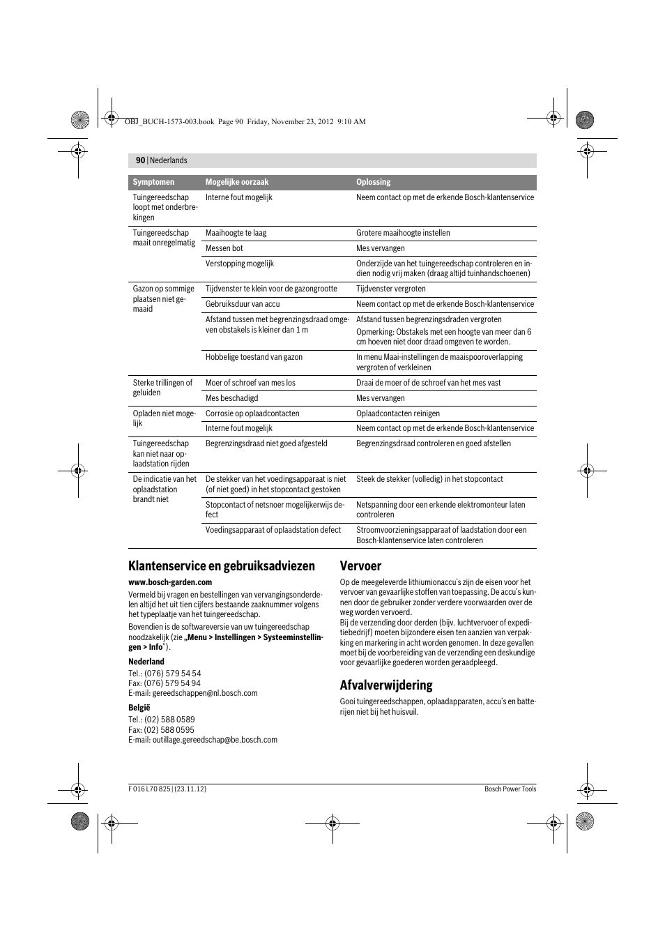 Klantenservice en gebruiksadviezen, Vervoer, Afvalverwijdering | Bosch Indego User Manual | Page 90 / 309