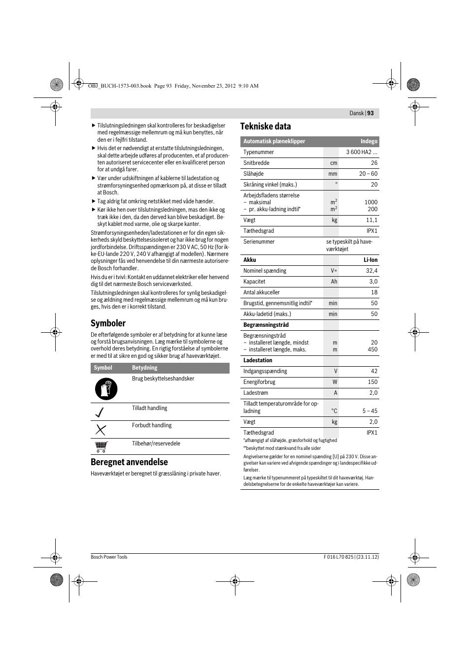 Symboler, Beregnet anvendelse, Tekniske data | Bosch Indego User Manual | Page 93 / 309