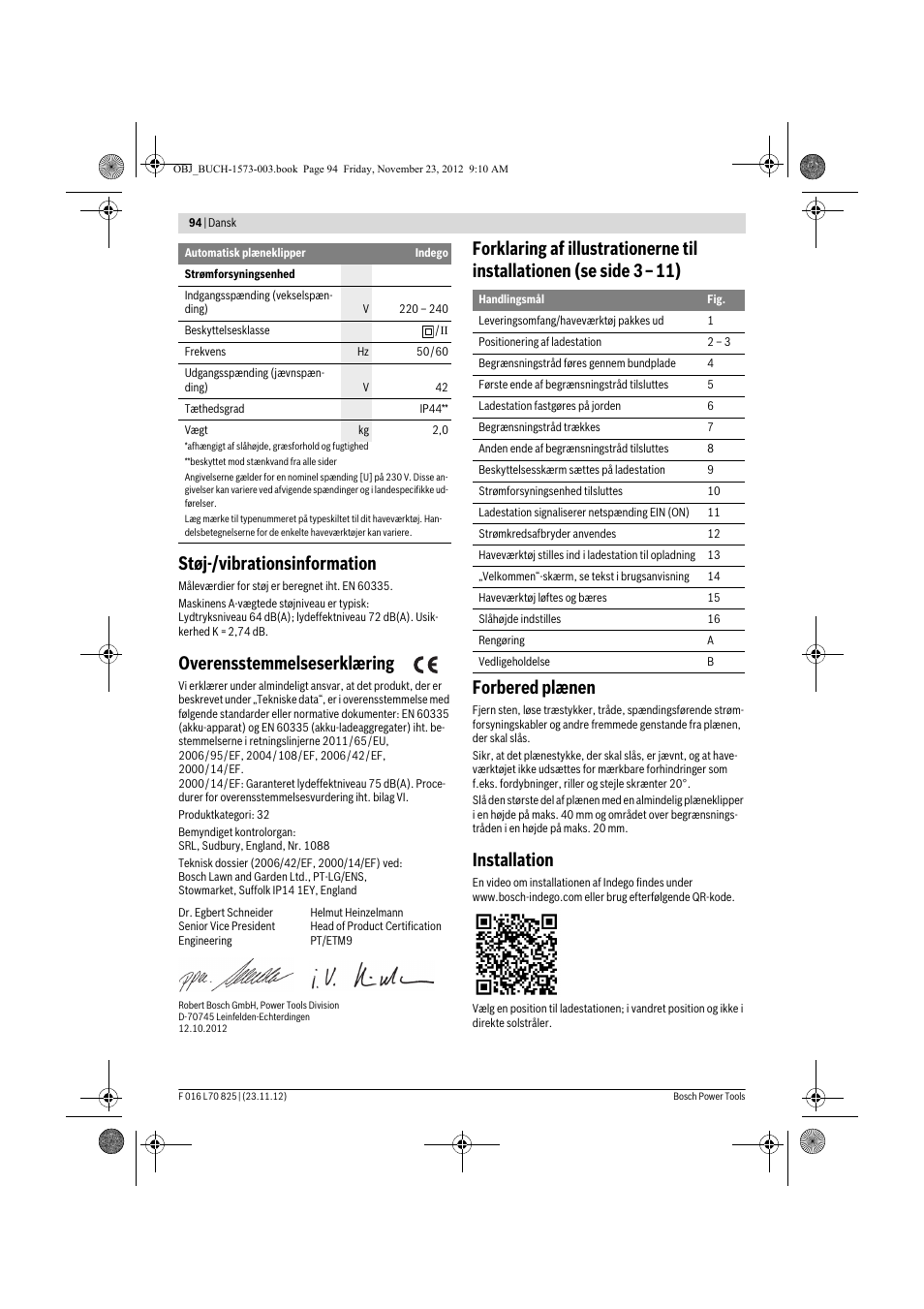 Støj-/vibrationsinformation, Overensstemmelseserklæring, Installation | Bosch Indego User Manual | Page 94 / 309