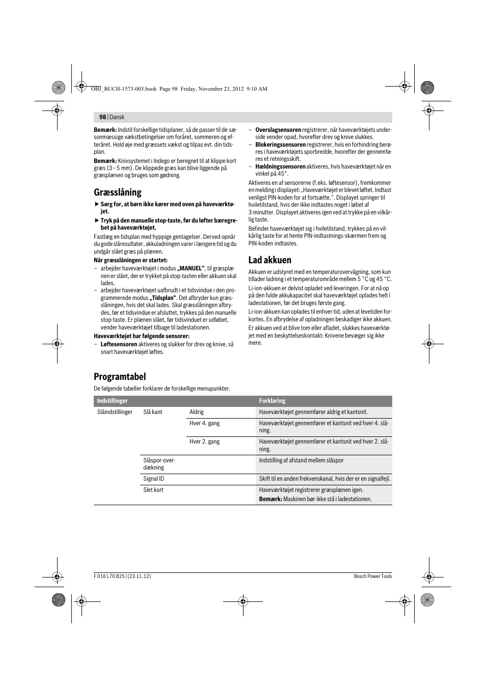 Græsslåning, Lad akkuen, Programtabel | Bosch Indego User Manual | Page 98 / 309