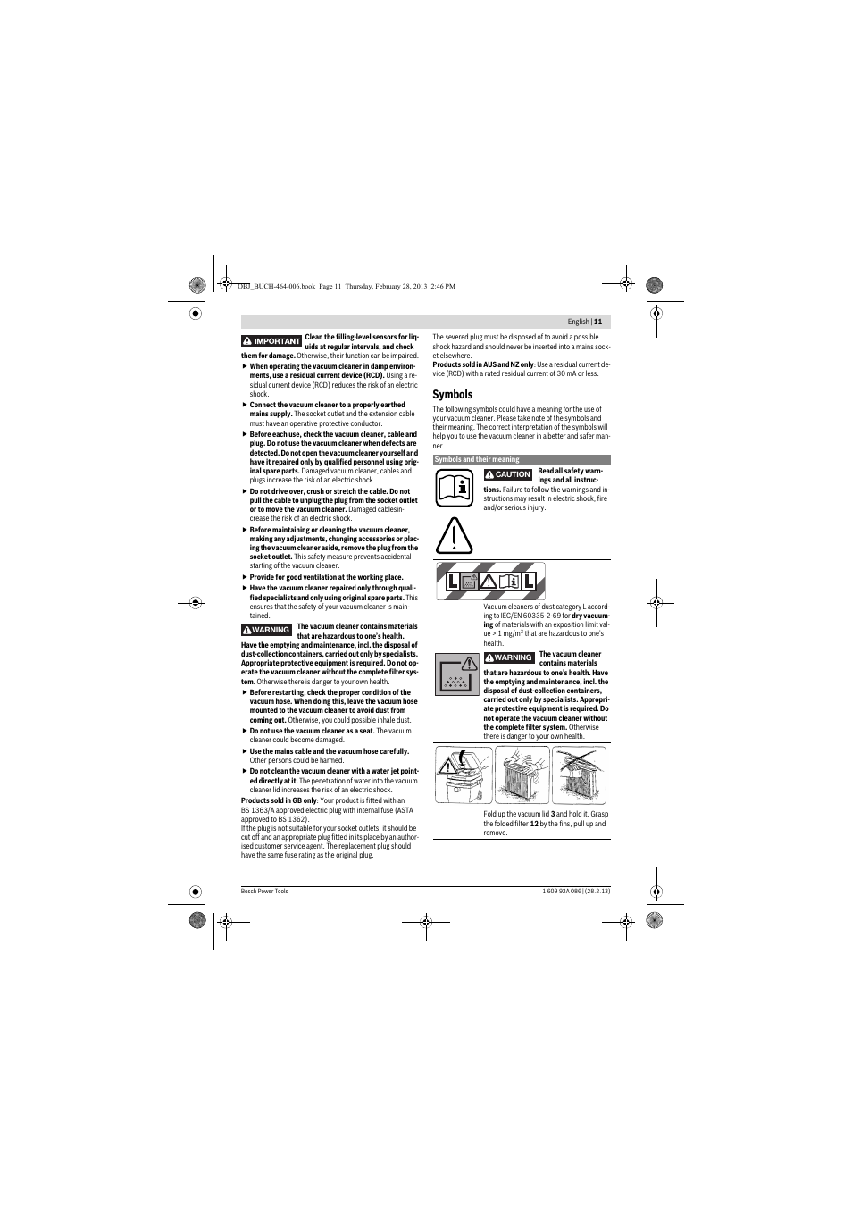 Symbols | Bosch GAS 25 L SFC Professional User Manual | Page 11 / 146