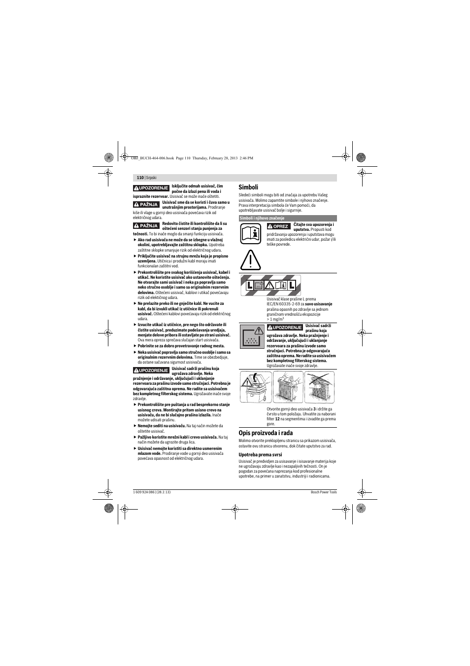 Simboli, Opis proizvoda i rada | Bosch GAS 25 L SFC Professional User Manual | Page 110 / 146