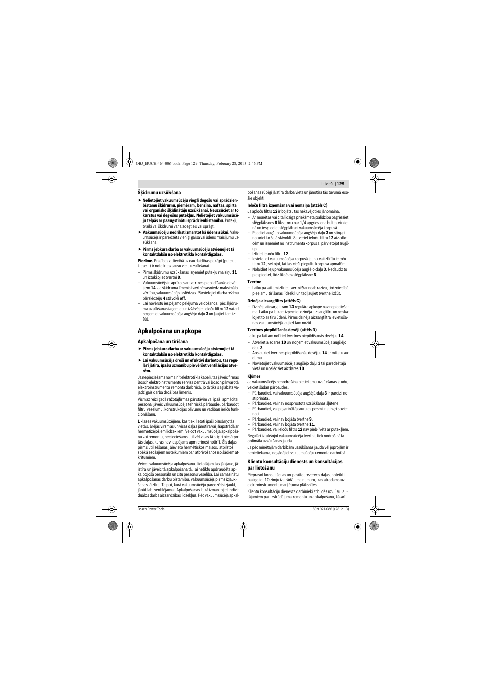 Apkalpošana un apkope | Bosch GAS 25 L SFC Professional User Manual | Page 129 / 146