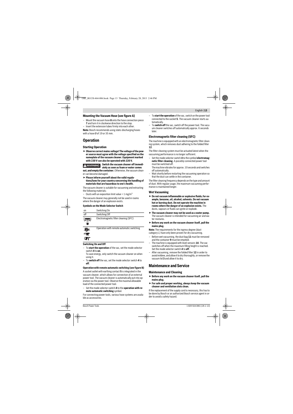 Operation, Maintenance and service | Bosch GAS 25 L SFC Professional User Manual | Page 13 / 146
