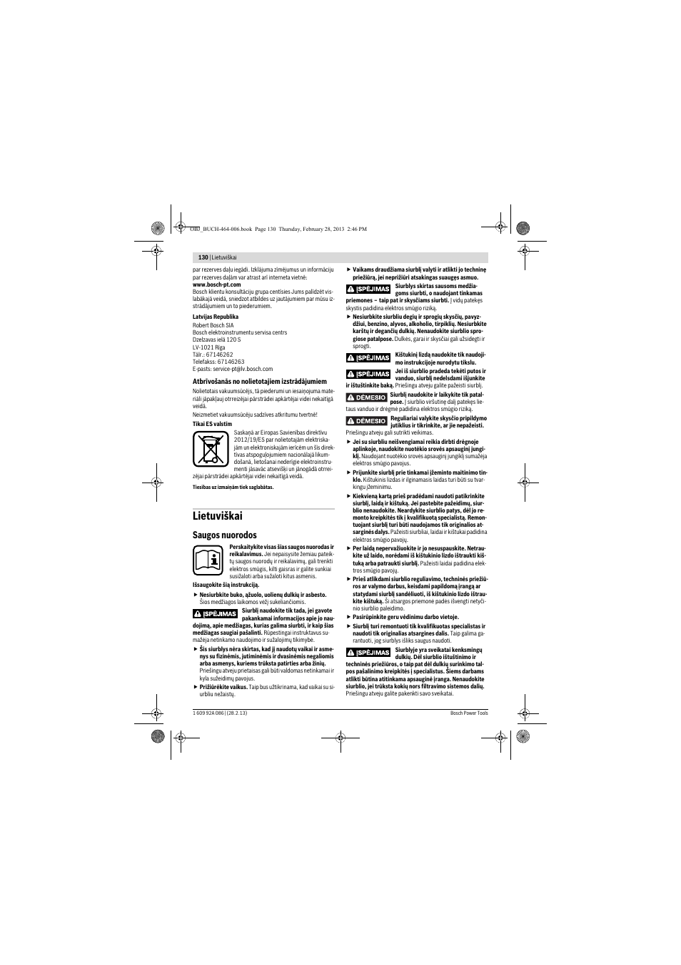 Lietuviškai, Saugos nuorodos | Bosch GAS 25 L SFC Professional User Manual | Page 130 / 146