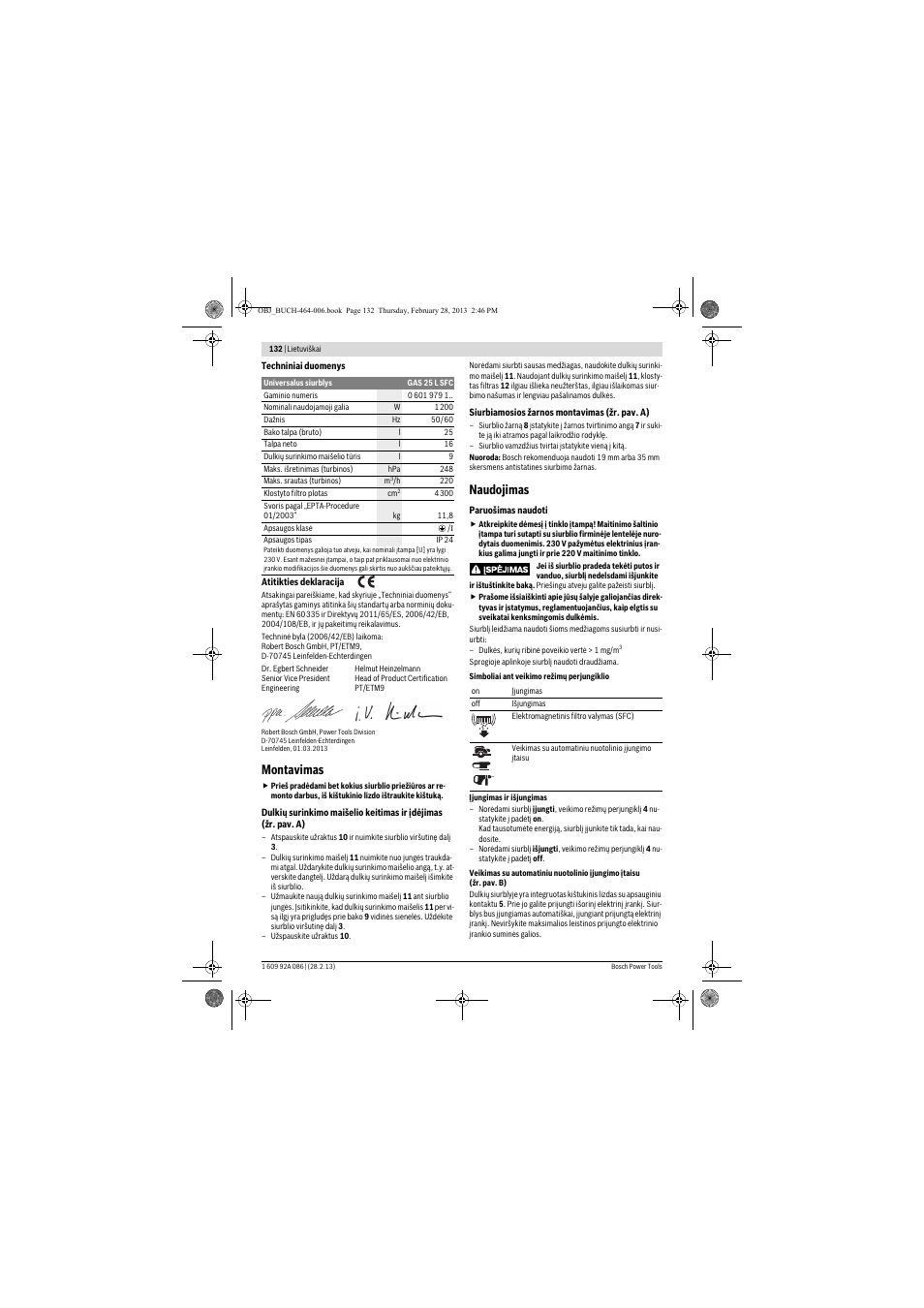 Montavimas, Naudojimas | Bosch GAS 25 L SFC Professional User Manual | Page 132 / 146