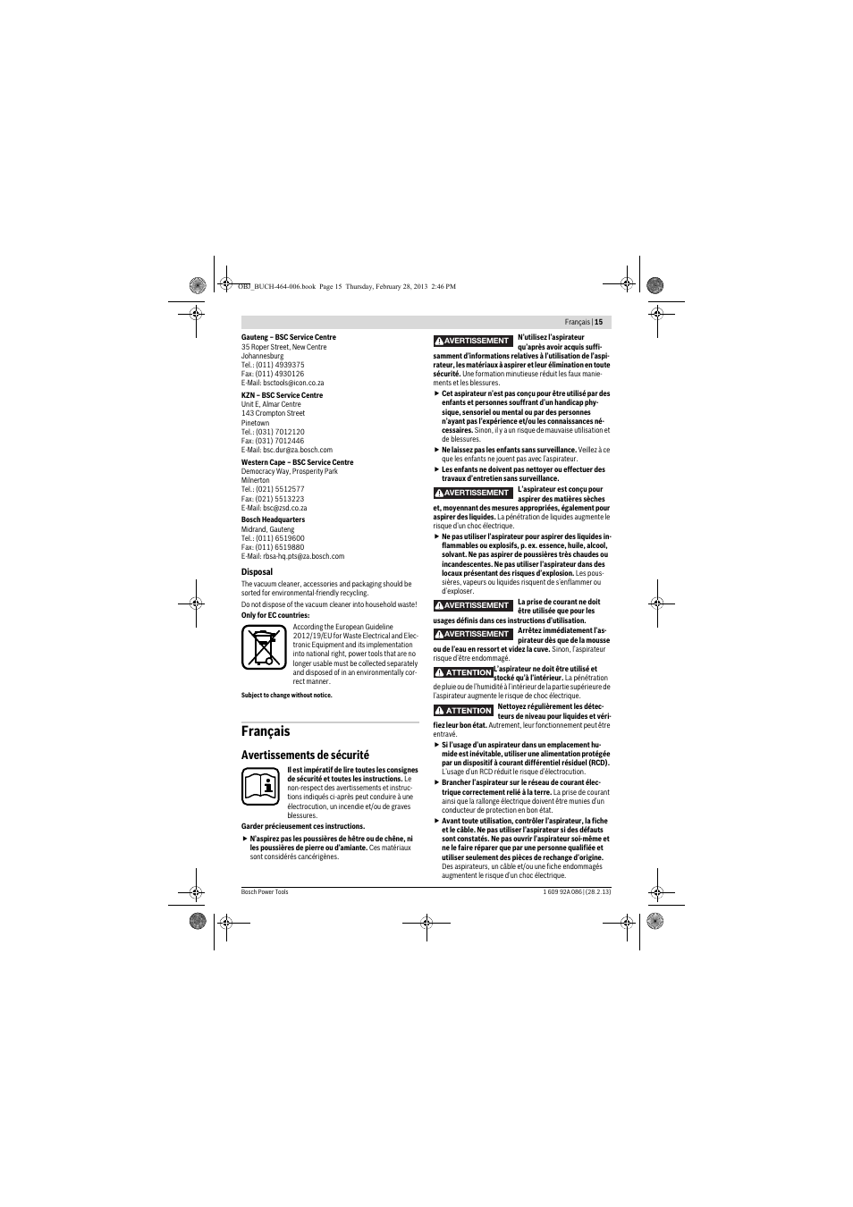 Français, Avertissements de sécurité | Bosch GAS 25 L SFC Professional User Manual | Page 15 / 146