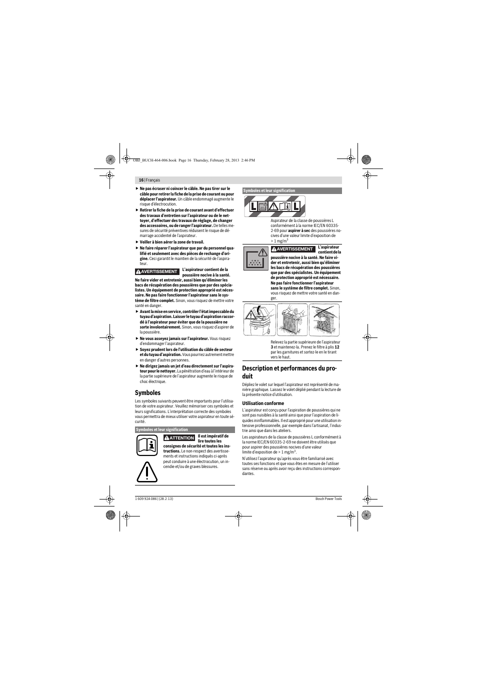 Symboles, Description et performances du pro- duit | Bosch GAS 25 L SFC Professional User Manual | Page 16 / 146