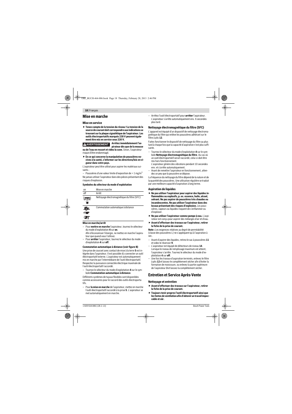 Mise en marche, Entretien et service après-vente | Bosch GAS 25 L SFC Professional User Manual | Page 18 / 146