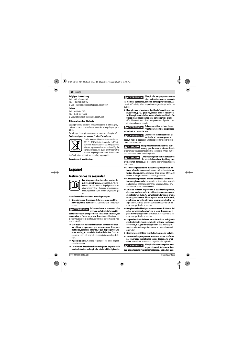 Español, Instrucciones de seguridad | Bosch GAS 25 L SFC Professional User Manual | Page 20 / 146