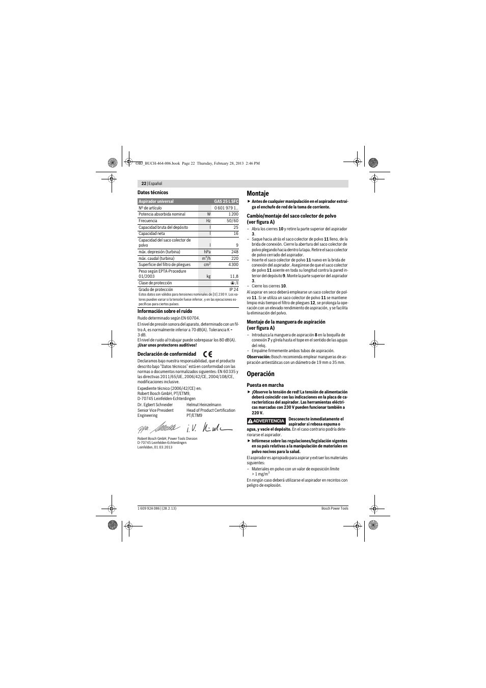 Montaje, Operación | Bosch GAS 25 L SFC Professional User Manual | Page 22 / 146