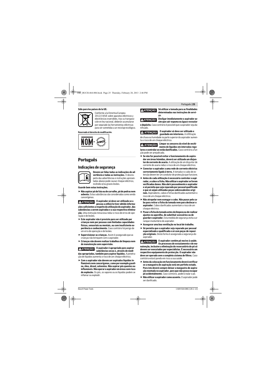 Português, Indicações de segurança | Bosch GAS 25 L SFC Professional User Manual | Page 25 / 146