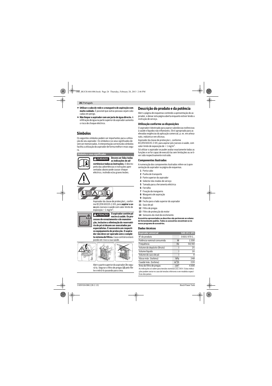 Símbolos, Descrição do produto e da potência | Bosch GAS 25 L SFC Professional User Manual | Page 26 / 146