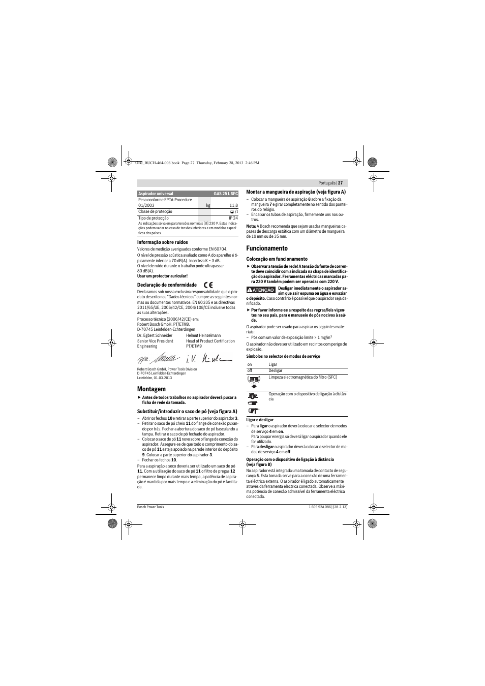 Montagem, Funcionamento | Bosch GAS 25 L SFC Professional User Manual | Page 27 / 146