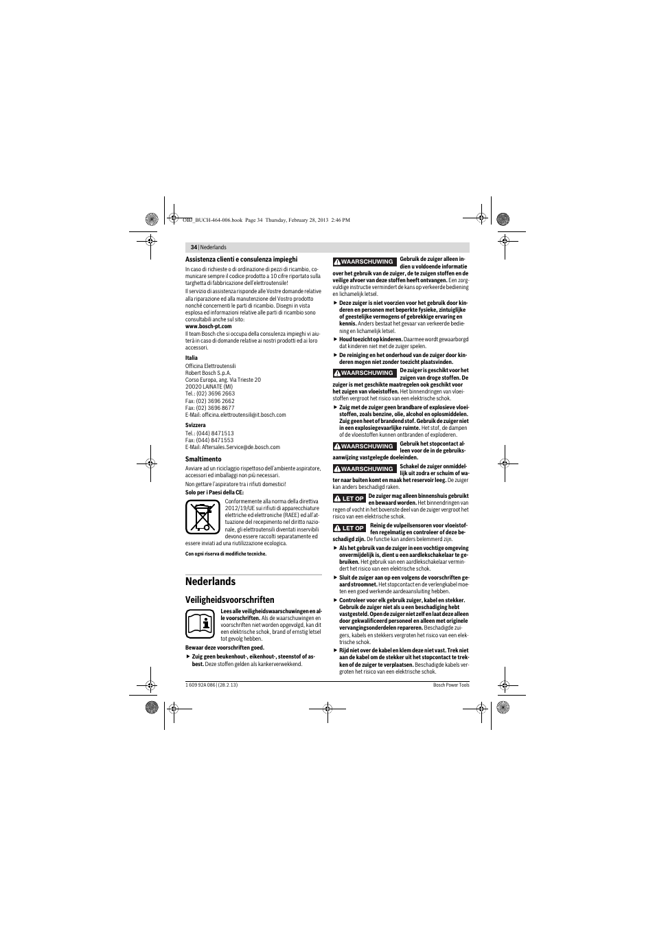 Nederlands, Veiligheidsvoorschriften | Bosch GAS 25 L SFC Professional User Manual | Page 34 / 146