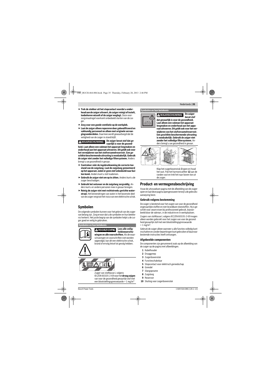 Symbolen, Product- en vermogensbeschrijving | Bosch GAS 25 L SFC Professional User Manual | Page 35 / 146