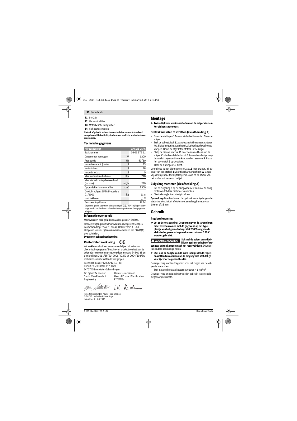 Montage, Gebruik | Bosch GAS 25 L SFC Professional User Manual | Page 36 / 146
