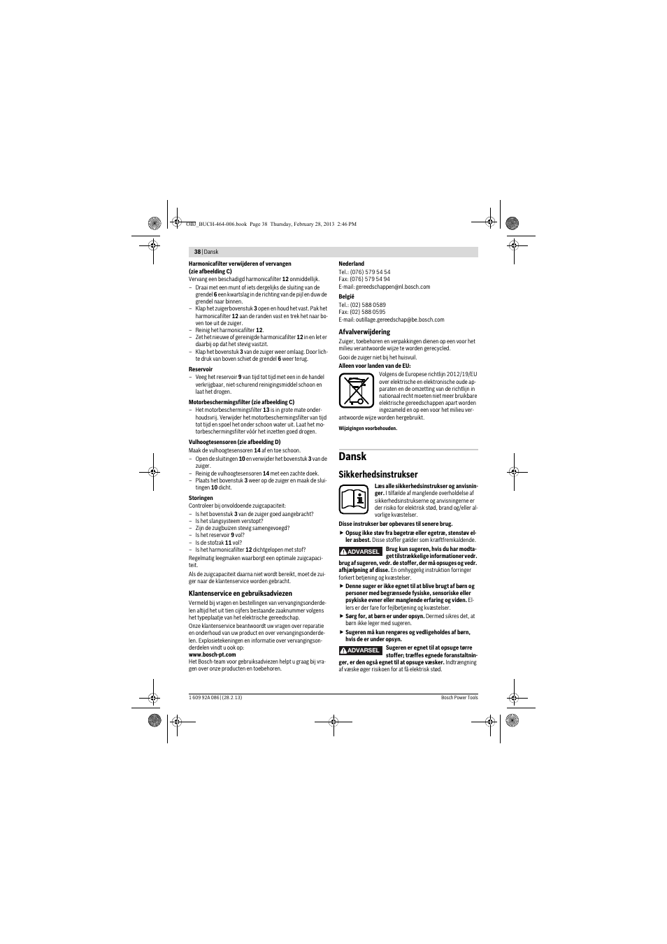Dansk, Sikkerhedsinstrukser | Bosch GAS 25 L SFC Professional User Manual | Page 38 / 146