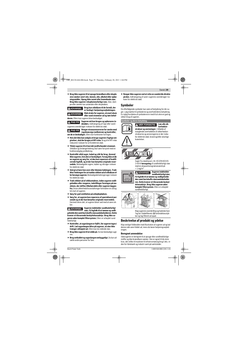 Symboler, Beskrivelse af produkt og ydelse | Bosch GAS 25 L SFC Professional User Manual | Page 39 / 146