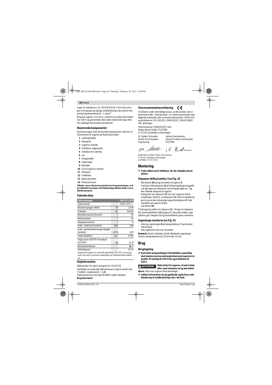 Montering, Brug | Bosch GAS 25 L SFC Professional User Manual | Page 40 / 146
