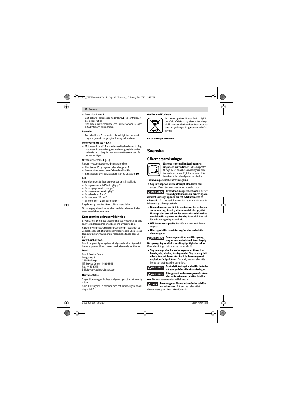 Svenska, Säkerhetsanvisningar | Bosch GAS 25 L SFC Professional User Manual | Page 42 / 146