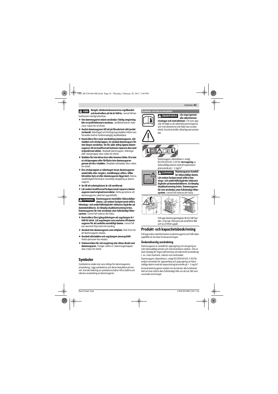 Symboler, Produkt- och kapacitetsbeskrivning | Bosch GAS 25 L SFC Professional User Manual | Page 43 / 146