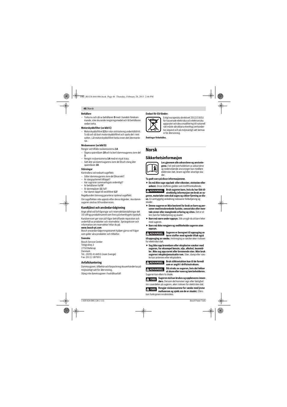 Norsk, Sikkerhetsinformasjon | Bosch GAS 25 L SFC Professional User Manual | Page 46 / 146