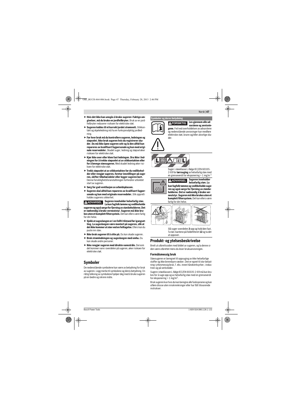 Symboler, Produkt- og ytelsesbeskrivelse | Bosch GAS 25 L SFC Professional User Manual | Page 47 / 146