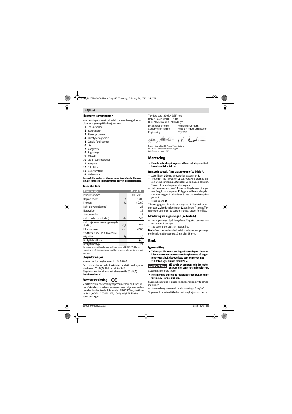 Montering, Bruk | Bosch GAS 25 L SFC Professional User Manual | Page 48 / 146