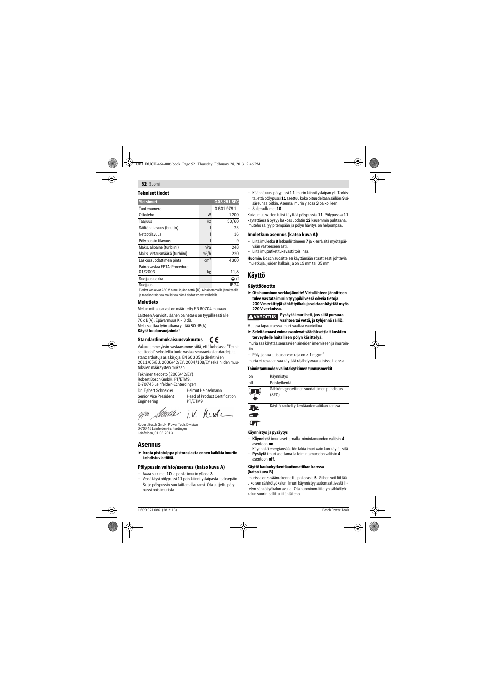 Asennus, Käyttö | Bosch GAS 25 L SFC Professional User Manual | Page 52 / 146