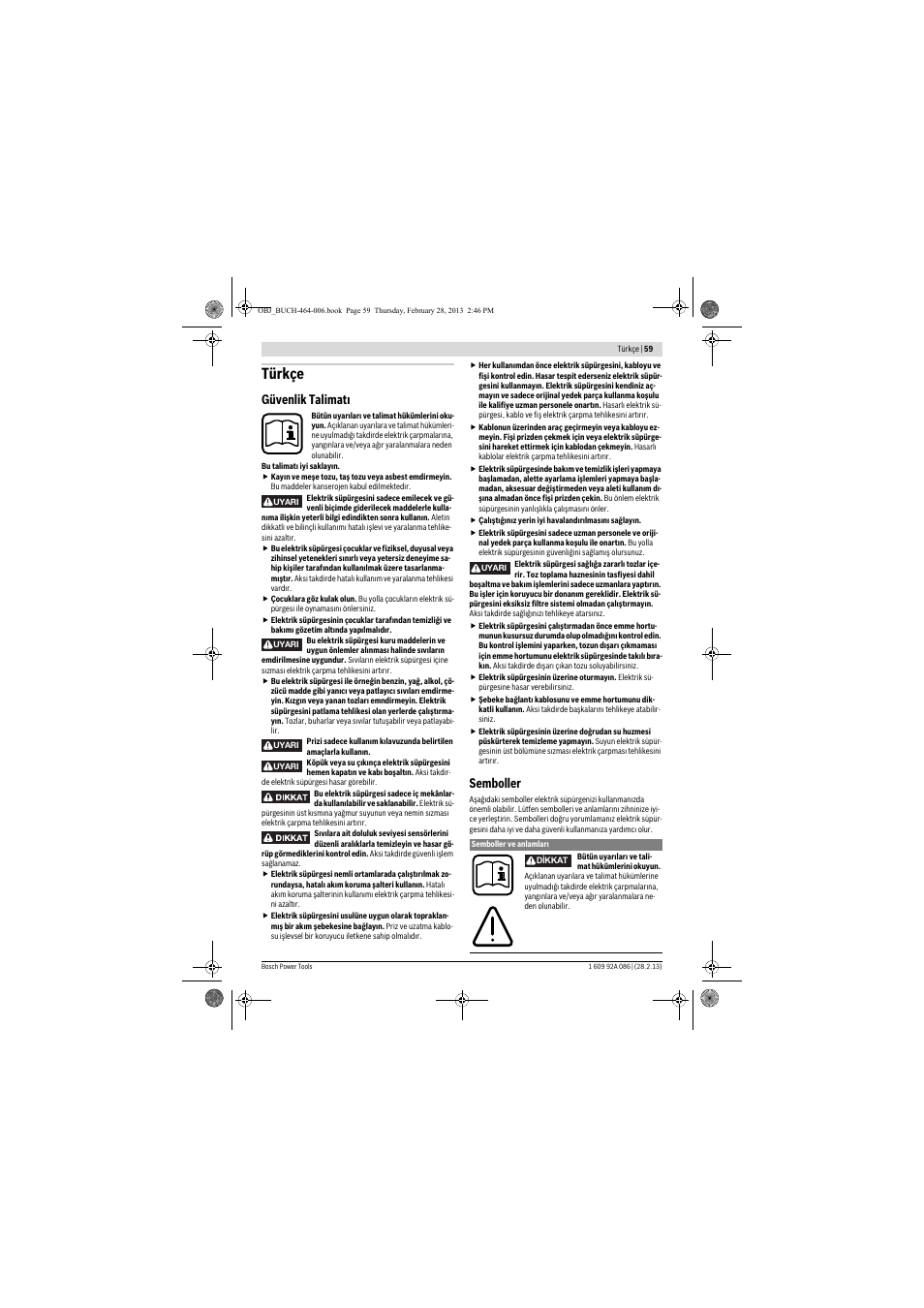 Türkçe, Güvenlik talimatı, Semboller | Bosch GAS 25 L SFC Professional User Manual | Page 59 / 146