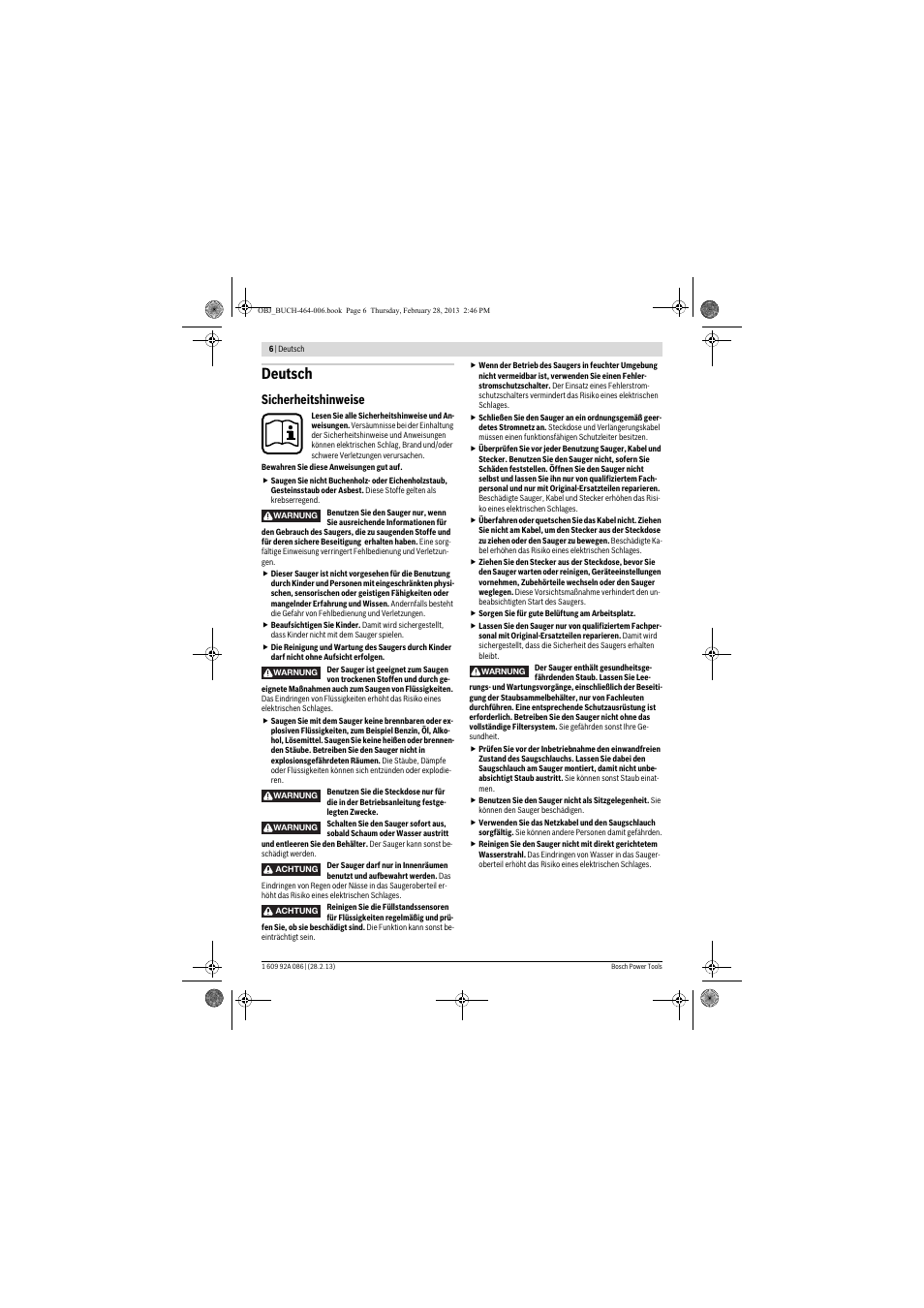 Deutsch, Sicherheitshinweise | Bosch GAS 25 L SFC Professional User Manual | Page 6 / 146