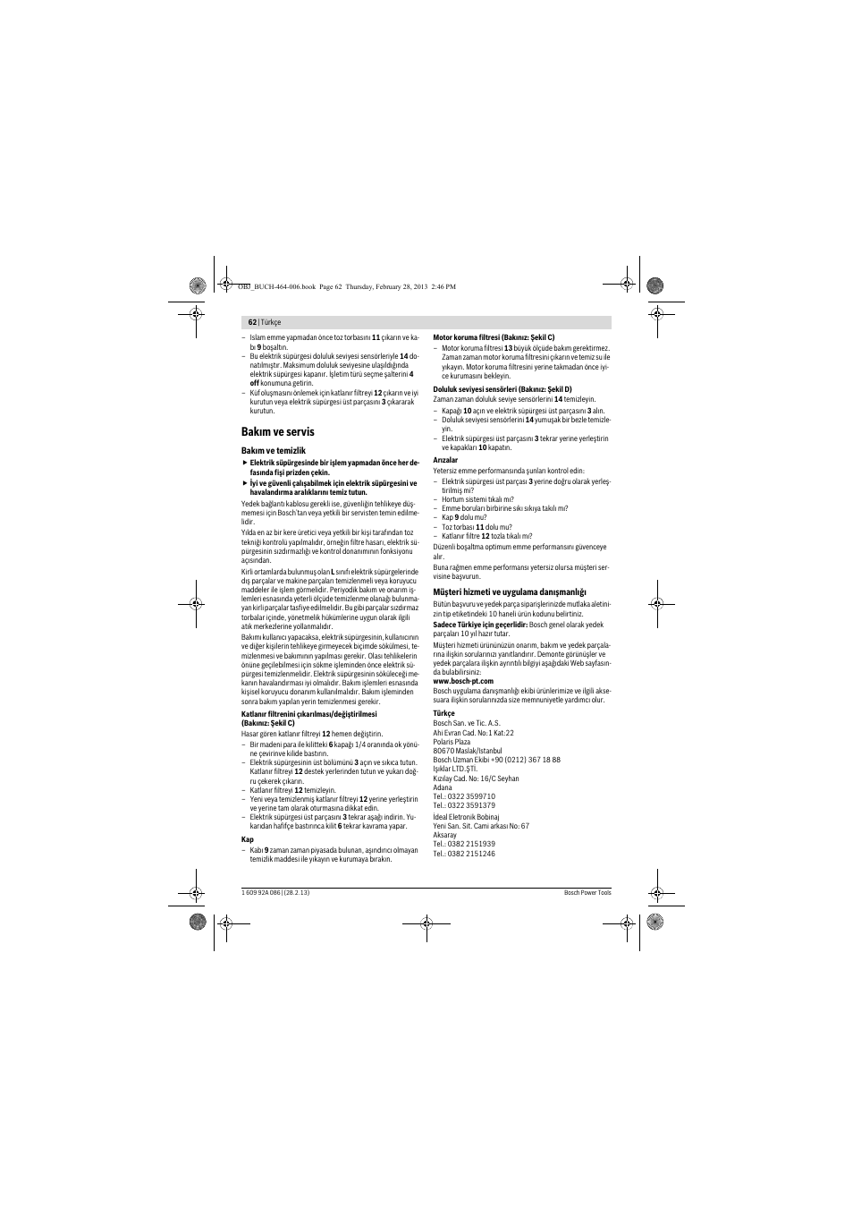 Bakım ve servis | Bosch GAS 25 L SFC Professional User Manual | Page 62 / 146