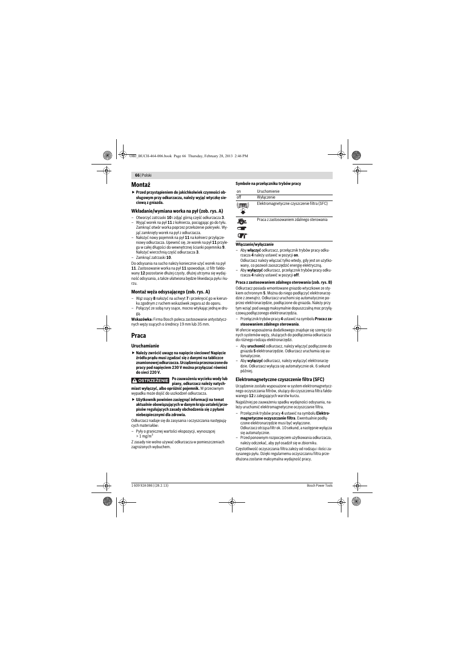 Montaż, Praca | Bosch GAS 25 L SFC Professional User Manual | Page 66 / 146